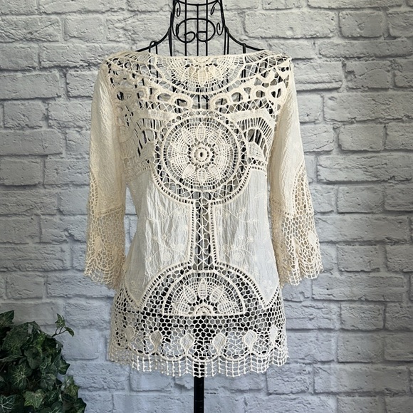 Holly Bracken Bohemian Crochet Three Quarter Sleeve Ivory Pullover Top Small - Picture 4 of 6